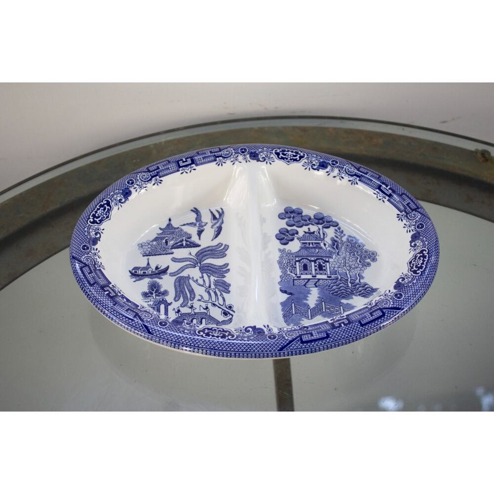 Churchill Blue Willow Oval Divided Serving Dish Staffordshire England 10”